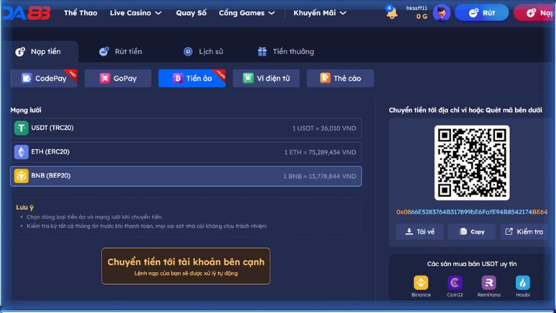 Nạp tiền vào tài khoản Da88 giúp bạn bắt đầu chơi các tựa game yêu thích